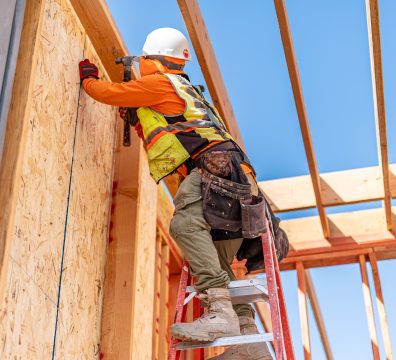Building a house with a wooden frame, featuring visible beams and studs.
